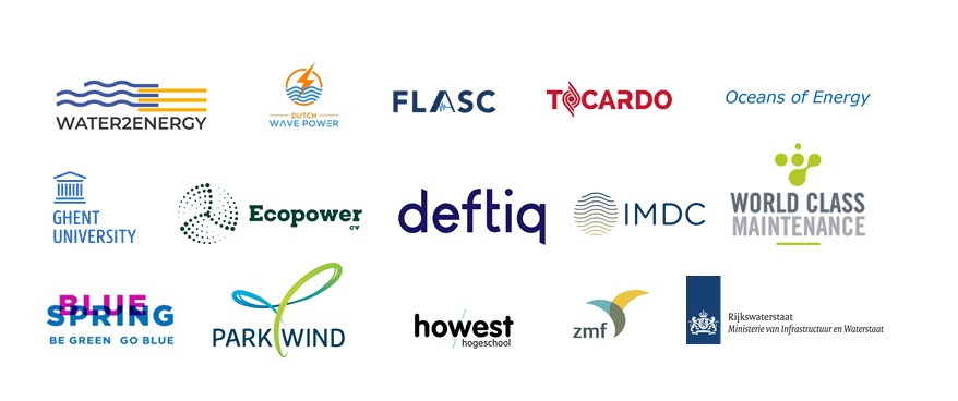 In dit project werken de volgende partners samen:  Bluespring, Deftiq, Dutch Wave Power, Ecopower, FLASC Hogeschool West-Vlaanderen, Howest, International Marine & Dredging Consultants, Oceans of Energy, Parkwind, Rijkswaterstaat, Tocardo, Universiteit Gent, Vereniging Zeeuwse Milieufederatie, Water2Energy en WorldClassMaintenance